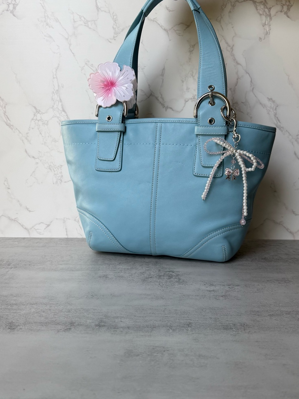 Coach Light Blue Leather Shoulder Bag with Pearl Charm